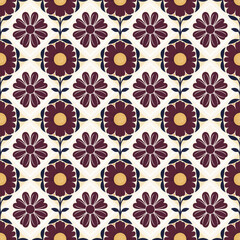 Classic Burgundy and White Floral Tile Seamless Pattern with Retro Details