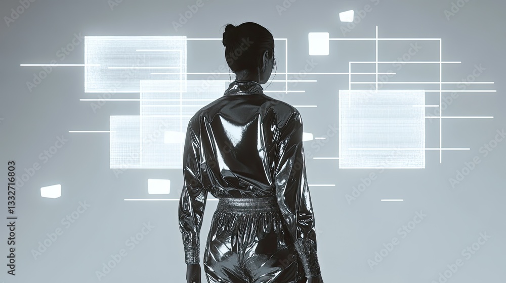 Poster monochromatic figure in metallic jumpsuit standing in front of glowing retro grid with holographic p