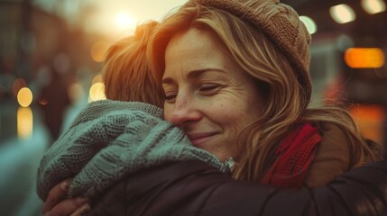 Mother shares a heartfelt goodbye hug with her teenage son at the train station during sunset