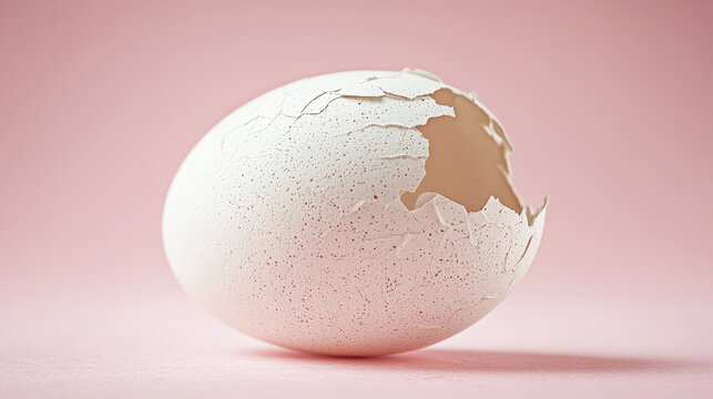 The cracked shell of a white egg rests against a light pink background, showcasing its fragile texture and empty interior
