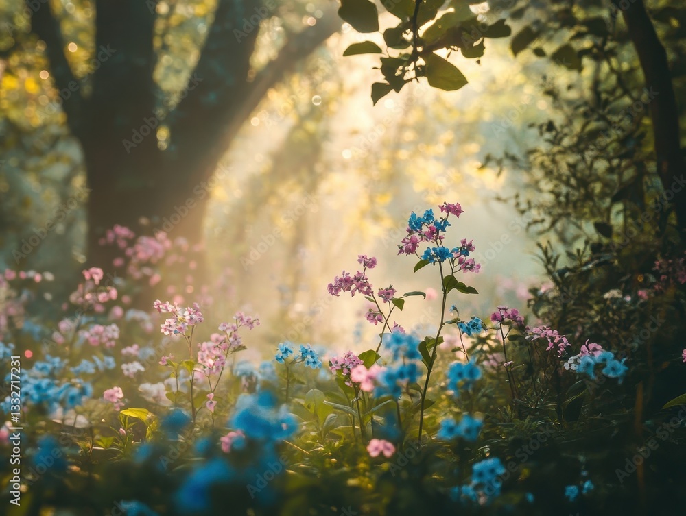 Poster serene forest scene with soft sunlight filtering through trees and colorful wildflowers in bloom ami