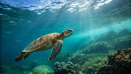 Obraz premium Green Sea Turtle Swimming Over Coral Reef