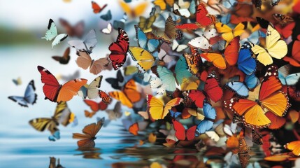 A beautiful collage of butterflies reflecting on the water, showcasing a magnificent contrast of colors and an artistic representation of nature's diversity.