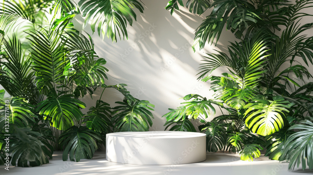 Poster bright sunlight filters through leaves, illuminating a clean, minimalist display area amidst thrivin