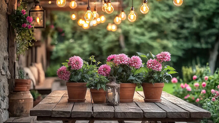 A rustic wooden table features blooming pink dahlias in earthen pots, surrounded by soft lighting in a tranquil garden space