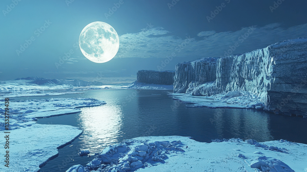 Poster the calm waters beneath a full moon reflect the icy cliffs and snow-covered terrain of a polar regio
