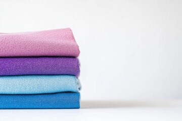 close-up shot of neatly folded colorful laundry stacked on clean white surface showcasing vibrant textures and hues