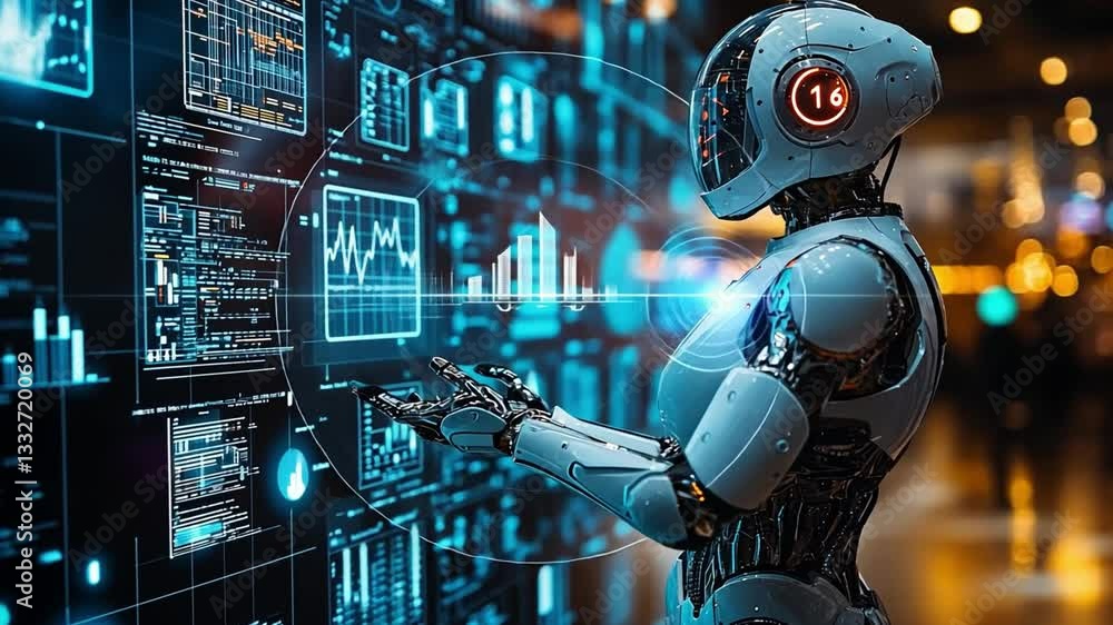 Poster advanced robot interacting with digital data display in a futuristic technology setting