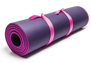 Rolled-up purple yoga mat with pink ribbons on white background