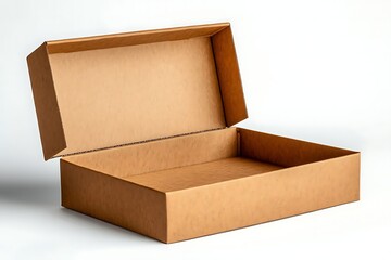 Open cardboard box on a white background, studio shot. Minimalist packaging concept, isolated container, ready for shipping or storage.