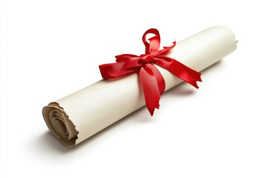 Rolled diploma with red ribbon on white background (1) - Powered by Adobe