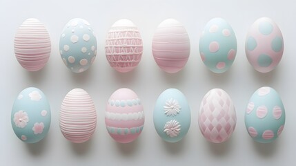 Fototapeta premium Twelve pastel-colored Easter eggs decorated with various patterns, including stripes, polka dots, and floral designs, arranged neatly on a white background.