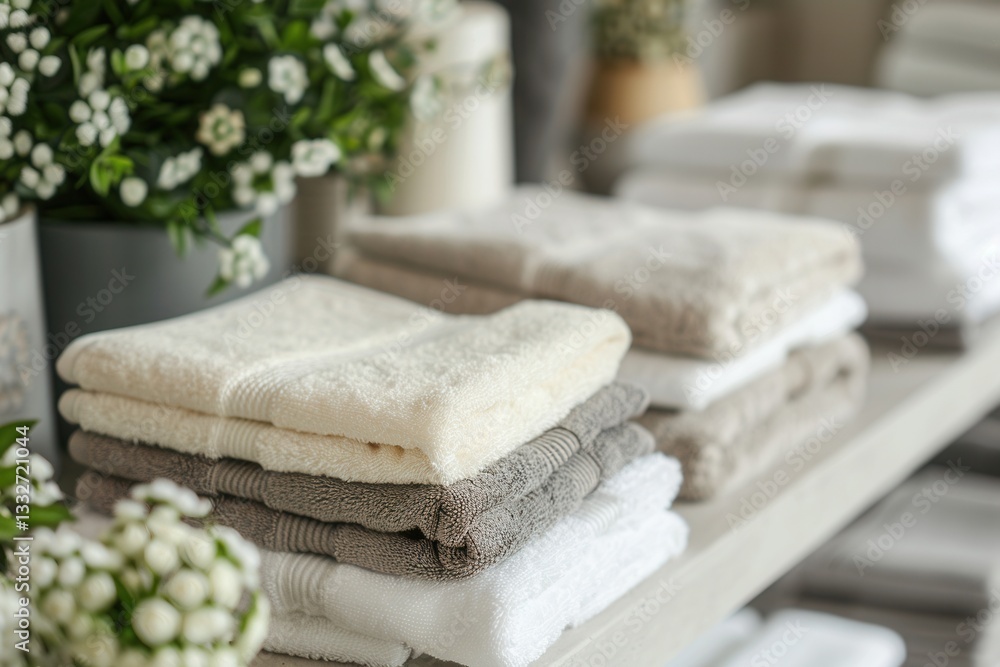 Aufkleber cozy bathroom ambiance with neatly stacked towels in a hotel or spa setting generative ai