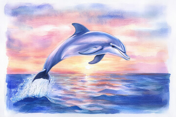 A watercolor illustration of a dolphin leaping from the ocean at sunset, creating a dreamy and serene atmosphere