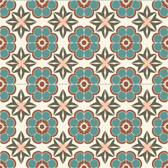 Fototapeta premium Vintage Orange and Beige Floral Tile Seamless Pattern with Structured Elements