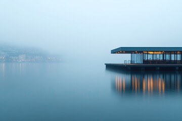 tranquil image of ferry docked at city pier soft light reflecting off water with plenty of negative space for text