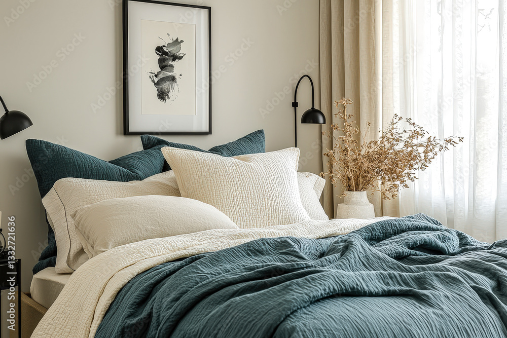 Poster a cozy bedroom features layered textured bedding and soft pillows, illuminated by natural light filt