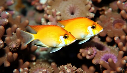 Fototapeta premium Vibrant orange fish swimming among coral reefs underwater scene marine life tropical ocean close-up view