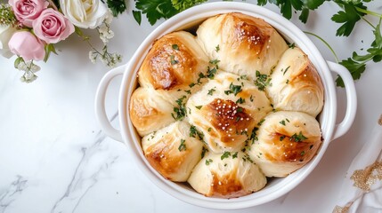 Golden dinner rolls topped with herbs and sea salt in a white ceramic dish.