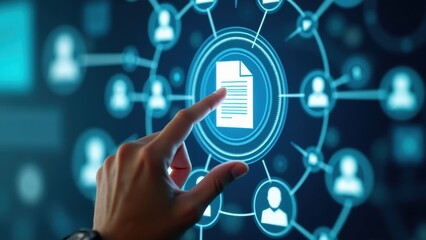 Hand is pointing to a blue circle with a paper icon in the middle. The circle is surrounded by a network of people