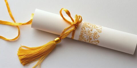 elegant graduation card, a modern, minimalist look featuring a white background and elegant gold tassel accents, with room for personalized messages