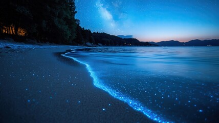 Bioluminescent Beach at Night Under Starry Sky