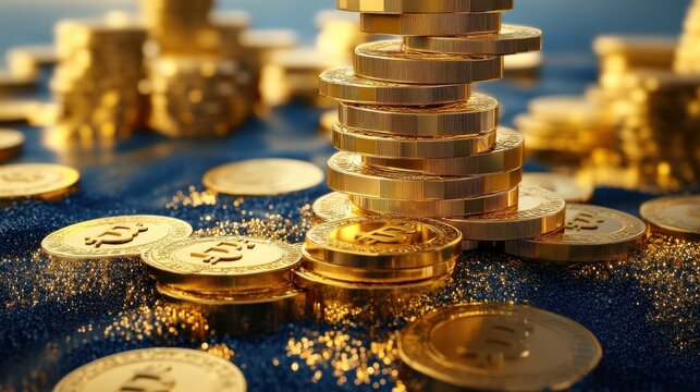 A collection of gleaming Bitcoin coins stacked elegantly, symbolizing wealth, investment, and the digital currency revolution in a vibrant, modern financial landscape.