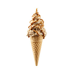 Indulge in a decadent coffee ice cream cone drizzled with caramel swirls evoking a perfect blend of creamy sweetness