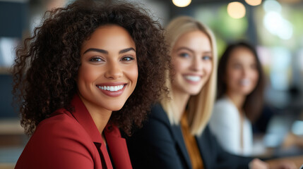 Obraz premium Smiling multiethnic businesswomen sitting together in a modern office environment.