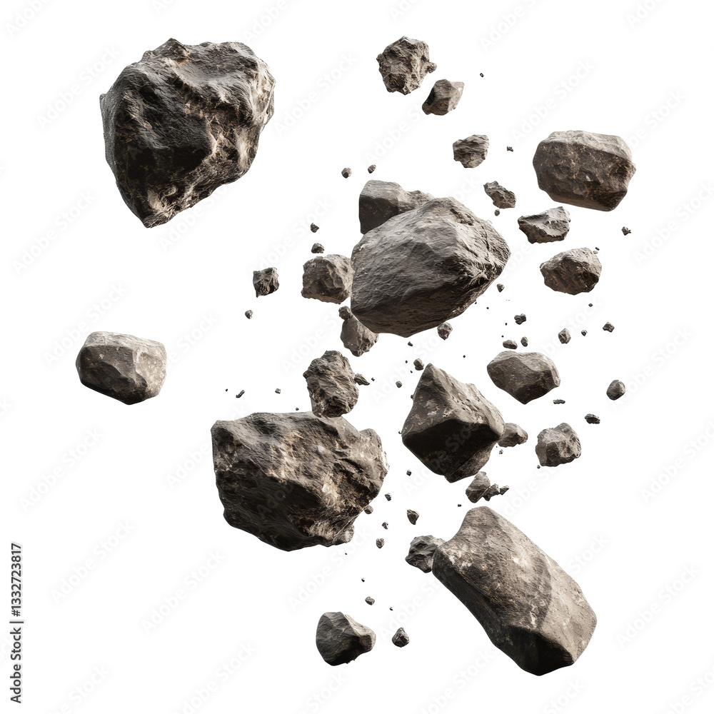 Poster flying asteroids isolated against a plain background illustrating celestial bodies in motion, flying