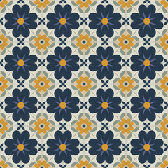 Classic Navy and Yellow Floral Tile Seamless Pattern with Retro Accents