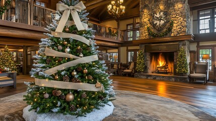 Fototapeta premium A beautifully decorated Christmas tree stands in a rustic lodge lobby with a large stone fireplace and warm lighting, creating a cozy holiday atmosphere.