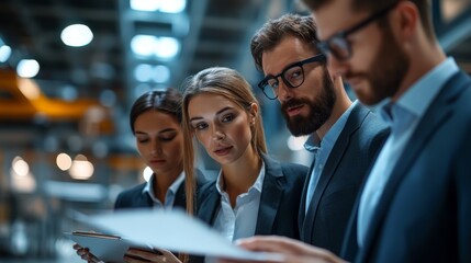 Business team is reviewing documents together inside the factory location area with lamps.
