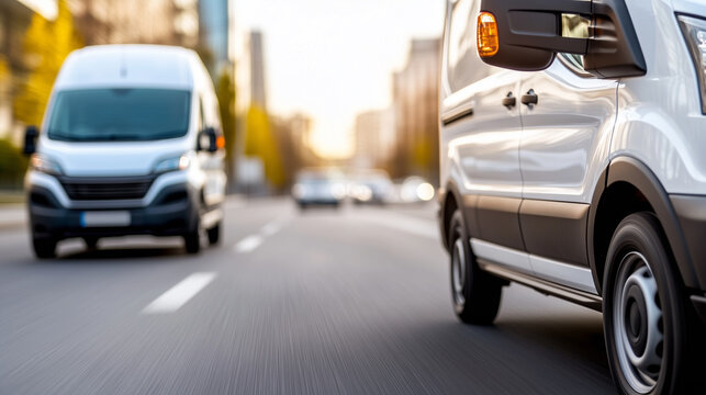 Two white cargo vans driving fast on a city highway, surrounded by blurred buildings and traffic.