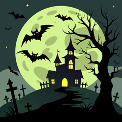 A haunted forest with a full moon and creepy silhouettes of crows, bats, and a haunted house in a spooky vector composition.