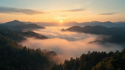 Fototapeta premium Misty Mountain Sunrise Landscape Aerial View