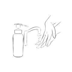 sketch of washing hands in running tap water with soap
