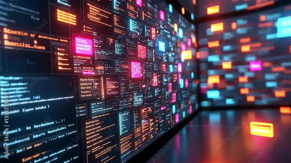 Poster visual representation of dynamic data streams in a high-tech environment with neon colors