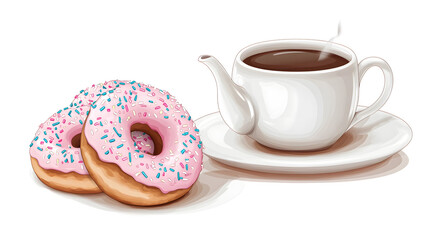 Professional Illustration of Delicious Coffee in Teapot and Donuts for Caf� Marketing Collateral