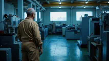 Elderly asian male in industrial factory setting observing machinery equipment