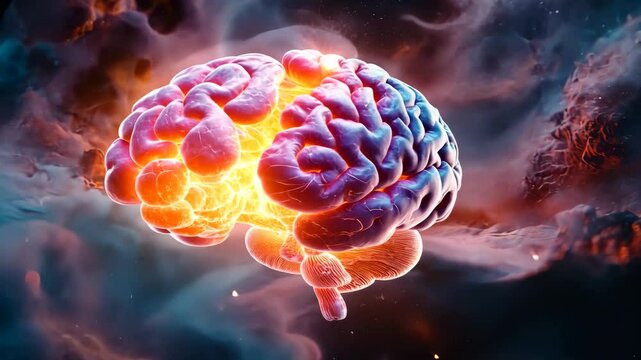 Glowing human brain with electric impulses and fire effect.
