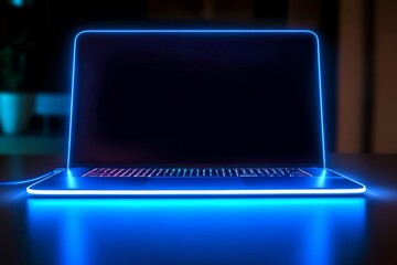 Neon Laptop Blue Glowing Frame, Dark Screen, Futuristic Concept, Digital, Technology Cyberpunk, Glowing