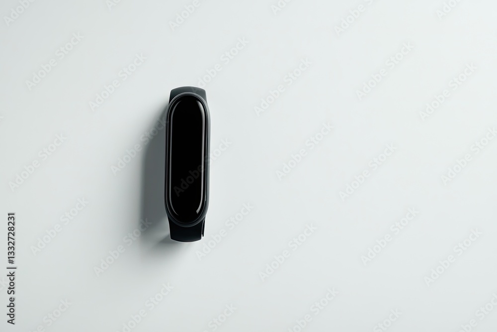 Poster striking monochromatic layout of single fitness tracker resting on pristine white surface with ample