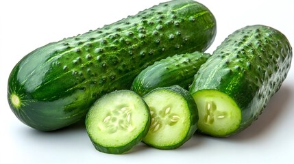 Fresh cucumbers showing their cross sections on white background