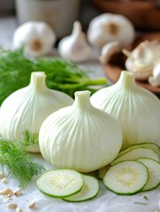 Obraz premium Fresh baby fennel bulbs with sliced cucumber and dill on kitchen counter