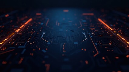Futuristic circuit board glowing with orange light