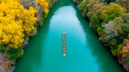 A scenic autumn river with a rowing team gliding through the water. The warm hues of golden trees contrast with the cool turquoise river, creating a peaceful yet dynamic visual of nature and sport.