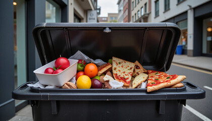 Garbage bin filled with discarded food including pizza and fruit, highlighting food waste issue on Stop Food Waste Day