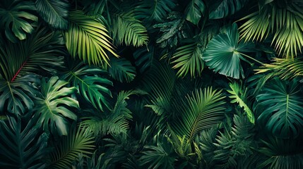 Dense arrangement of lush tropical foliage in various shades of green