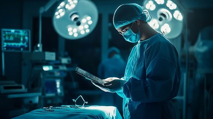 Modern operating room with a doctor using a tablet during surgery, high-contrast lighting and shallow depth create a focused, professional atmosphere.